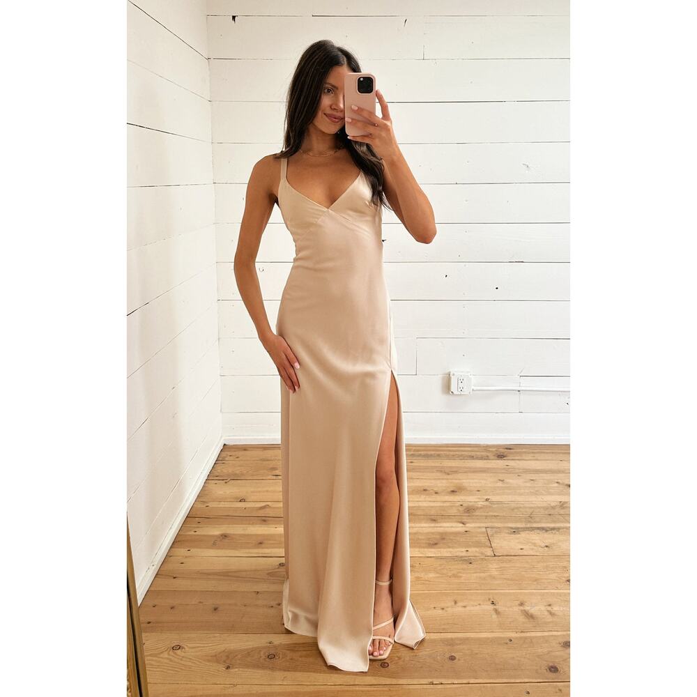 Show Me Your Mumu Anderson Maxi Dress in Champagne Luxe Satin XXS